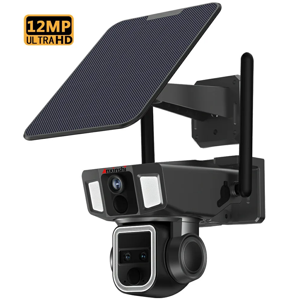 

12MP Three Lens Solar Flood Light With Cctv Camera Alarm Linkage Cctv 4g And Wifi Support Solar Ptz Camera With Street Light