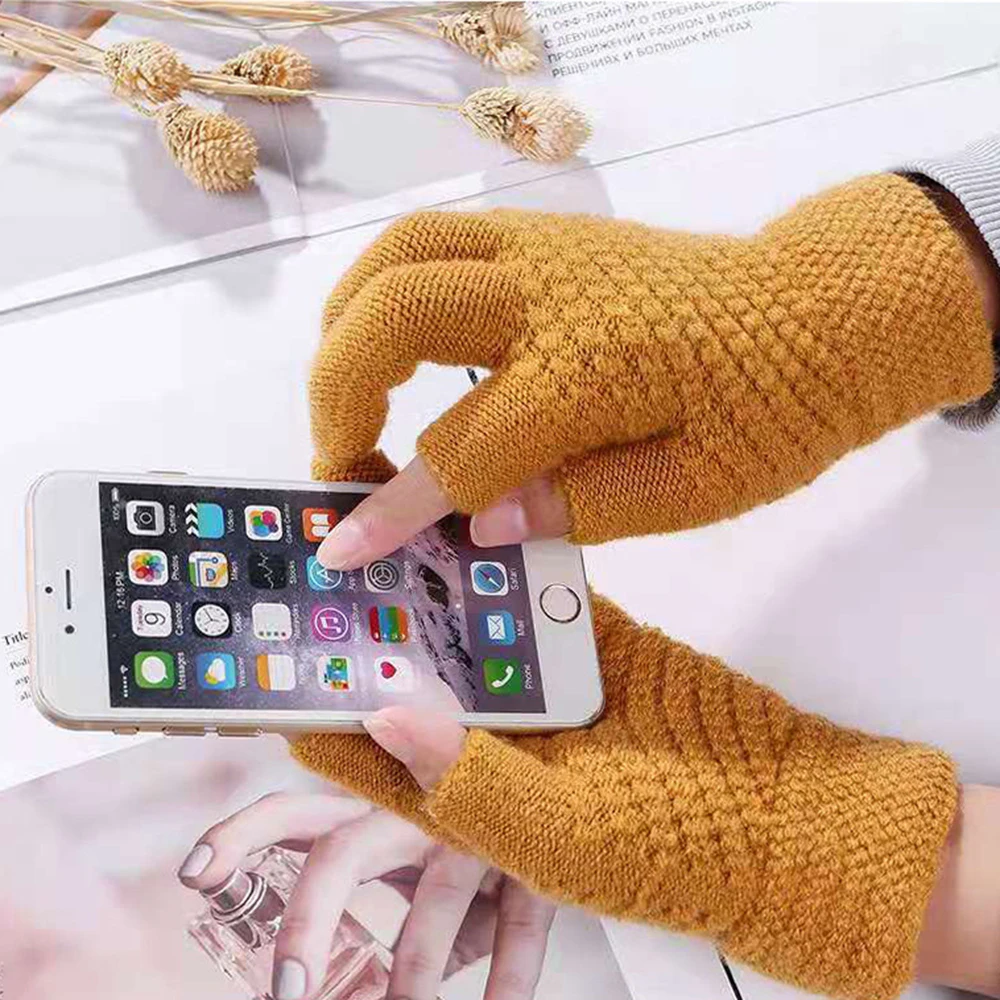 New Knitted Gloves Women Men Winter Outdoor Riding Writing Plush Thicken Warm Dew Two Finger Touch Screen Mittens Christmas Gift