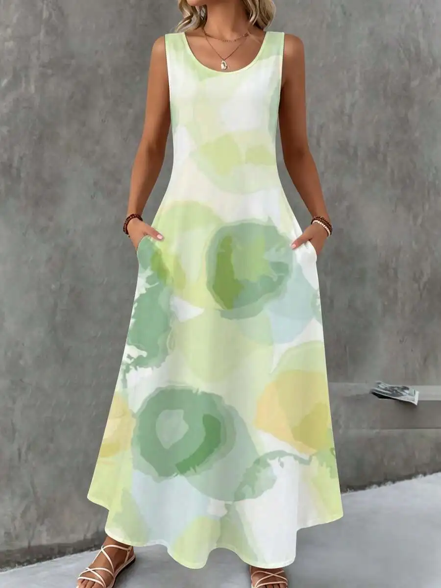 

Sleeveless Maxi Dress Green Yellow Watercolor Print Summer Beach Vacation Wear
