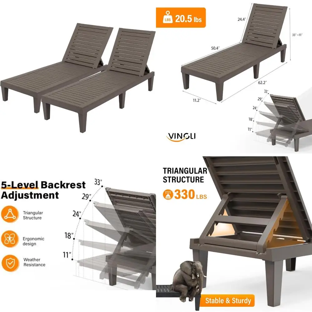 Waterproof Adjustable 5-Level Backrest Outdoor Chaise Lounge Chairs Set of 2 for Patio, Weather-Resistant Relaxation