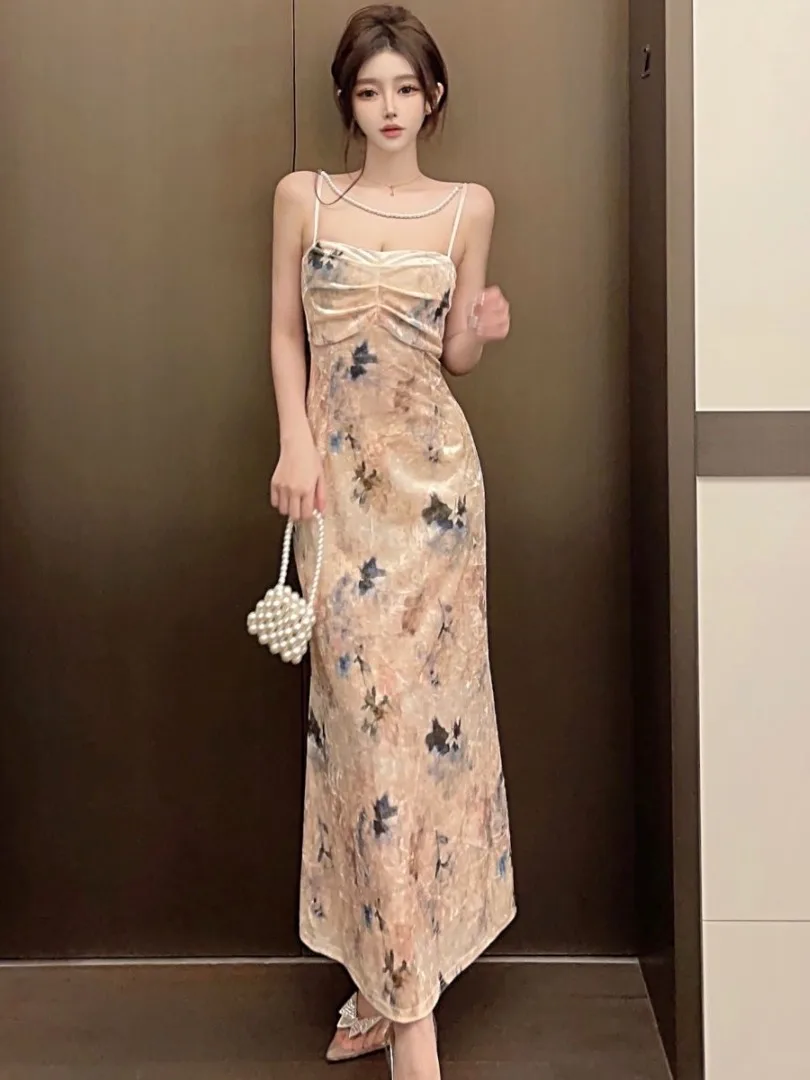 

Ele Velvet Gown Women's Svel Evening Dr Vintage Beaded Chain Strap mid Waist Long Skirt Formal Ball Gown