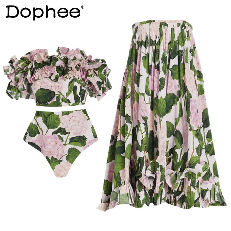 Chic Elegant Flounced Print Strapless Tube Top Split Swimsuit Suit Women 2024 Summer New Beach Sexy Bikini Suit Covered Skirt