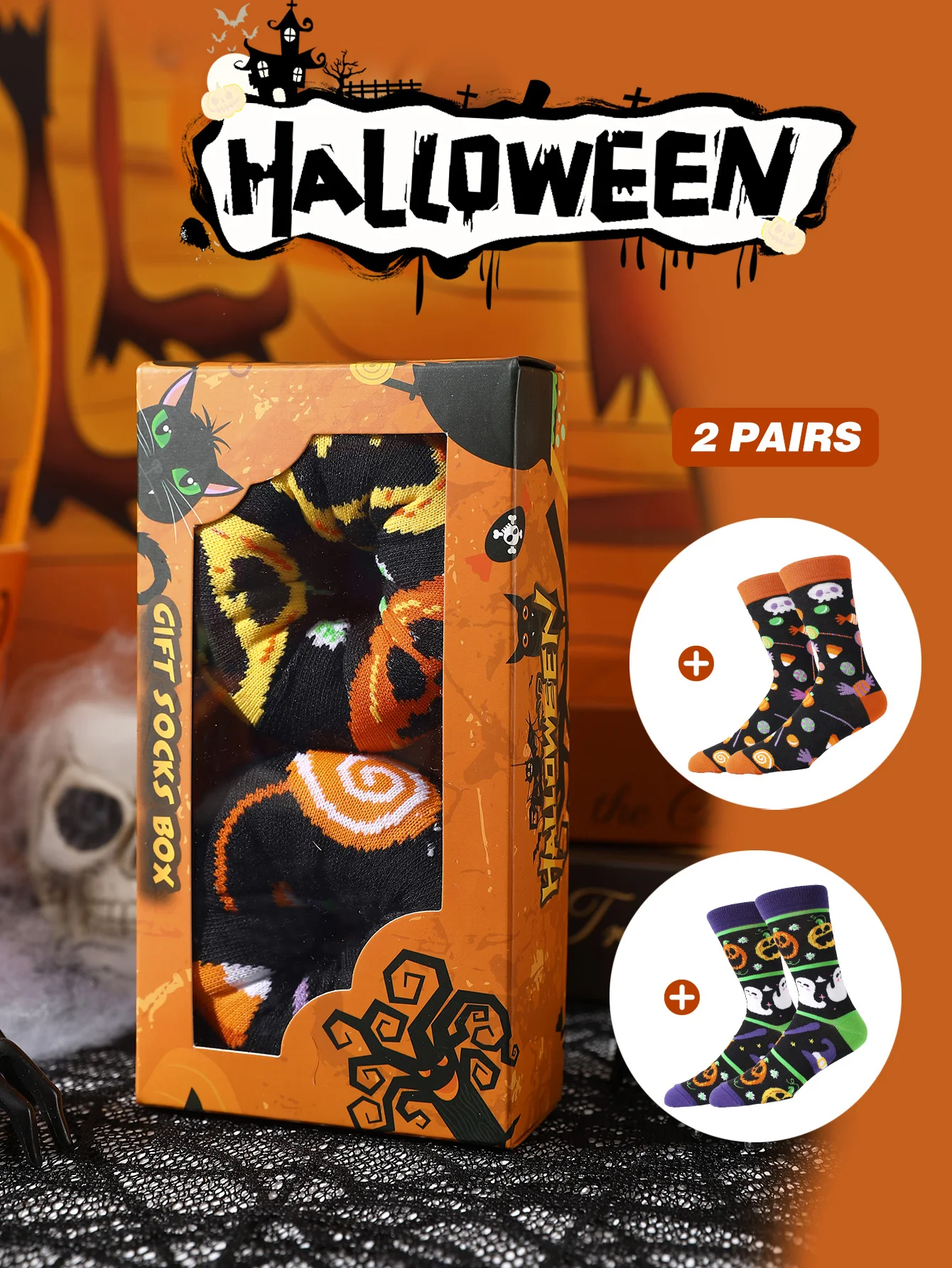 ユニークで創造的なデザインの男性用と女性用の同じ靴下が 2 足、ドーナツの形をした、楽しいハロウィーンやその他のホリデーギフトです。