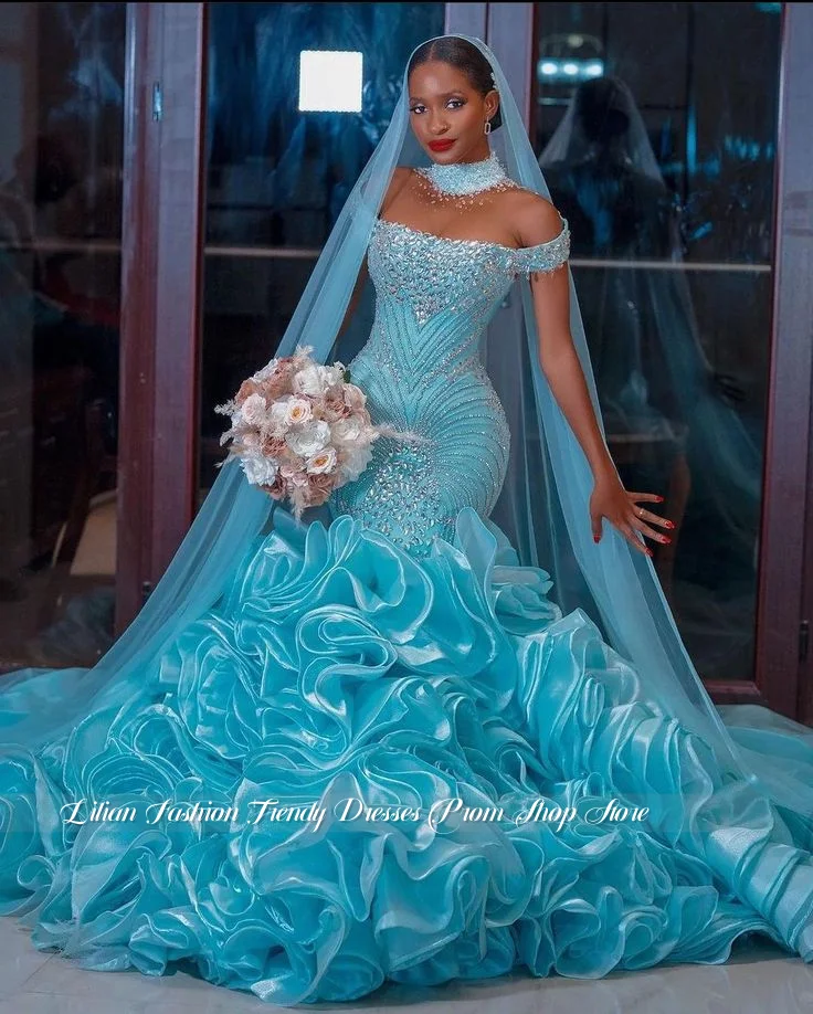 

Luxury Sky Blue Black Girl Wedding Dress Customized Gorgeous Crystal Appliqué Mermaid Bridal Gown Glamorous Evening Gown