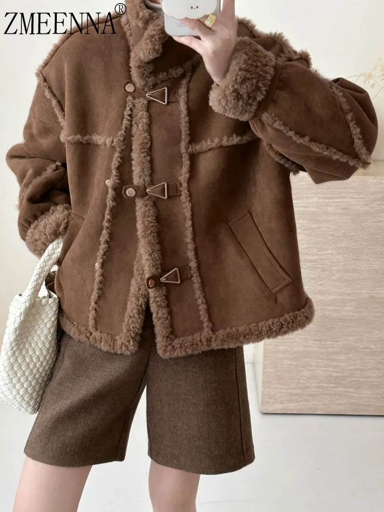 

ZMEENNA женская коричневая дубленка из искусственной замши, зимняя теплая куртка с застежками на высоком воротнике, уютная верхняя одежда ZM4717
