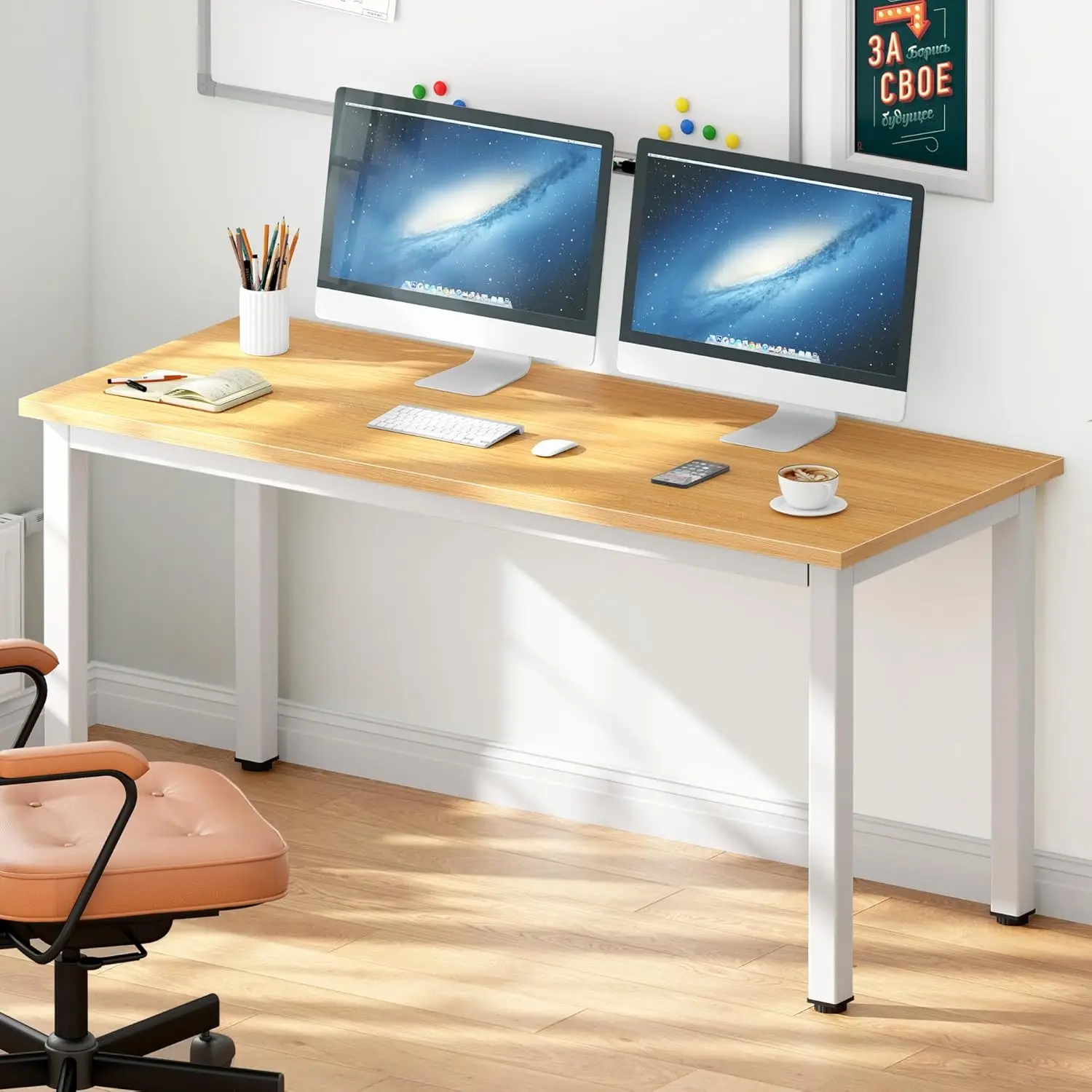 Large Computer Desk, Composite Wood Board, Decent and Steady Home Office Desk/Workstation/Table 54.3inch Teak White