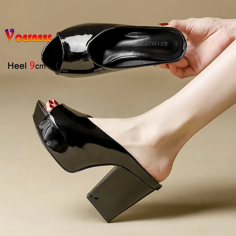 

Новые летние модные женские шлепанцы на массивном высоком каблуке 2026 года, с открытым носком, на платформе, черные сандалии без застежек