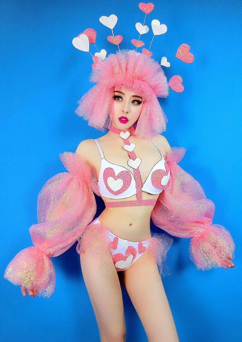 

Nightclub GOGO Dance Costume Bikini Headgear Female Singers Wear Performance Puff Sleeves Set Rave Valentine Festival Clothing