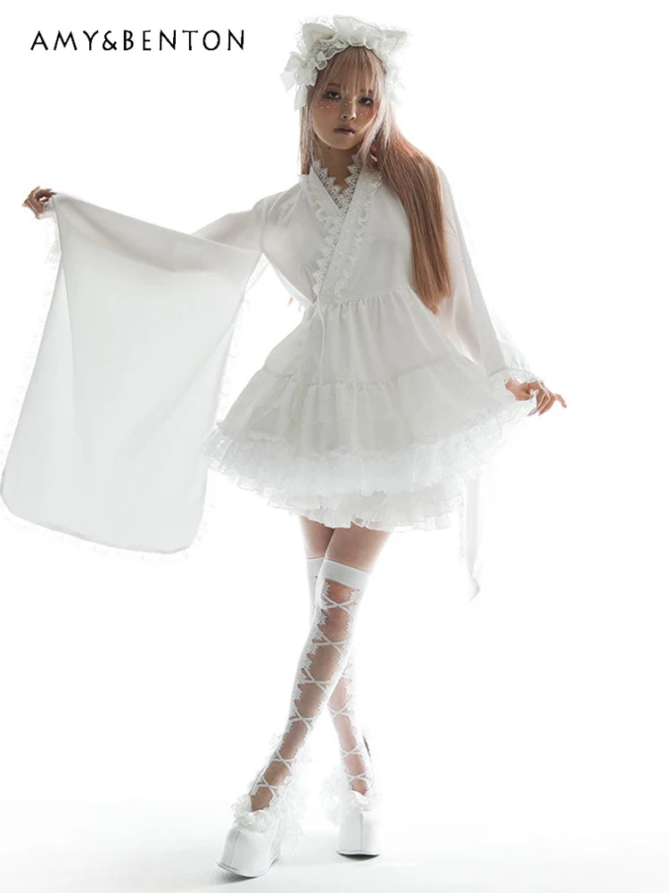 

Japanese Lolita Hollow Lace Retro Diagonal Square Sleeve Dress Women Princess Temperament Elegant High Waist Mini Tutu Dresses