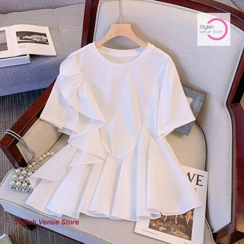 

New Chinese national style ruffled short-sleeved T-shirt women's summer new fashion loose casual Joker slim round neck shirt.