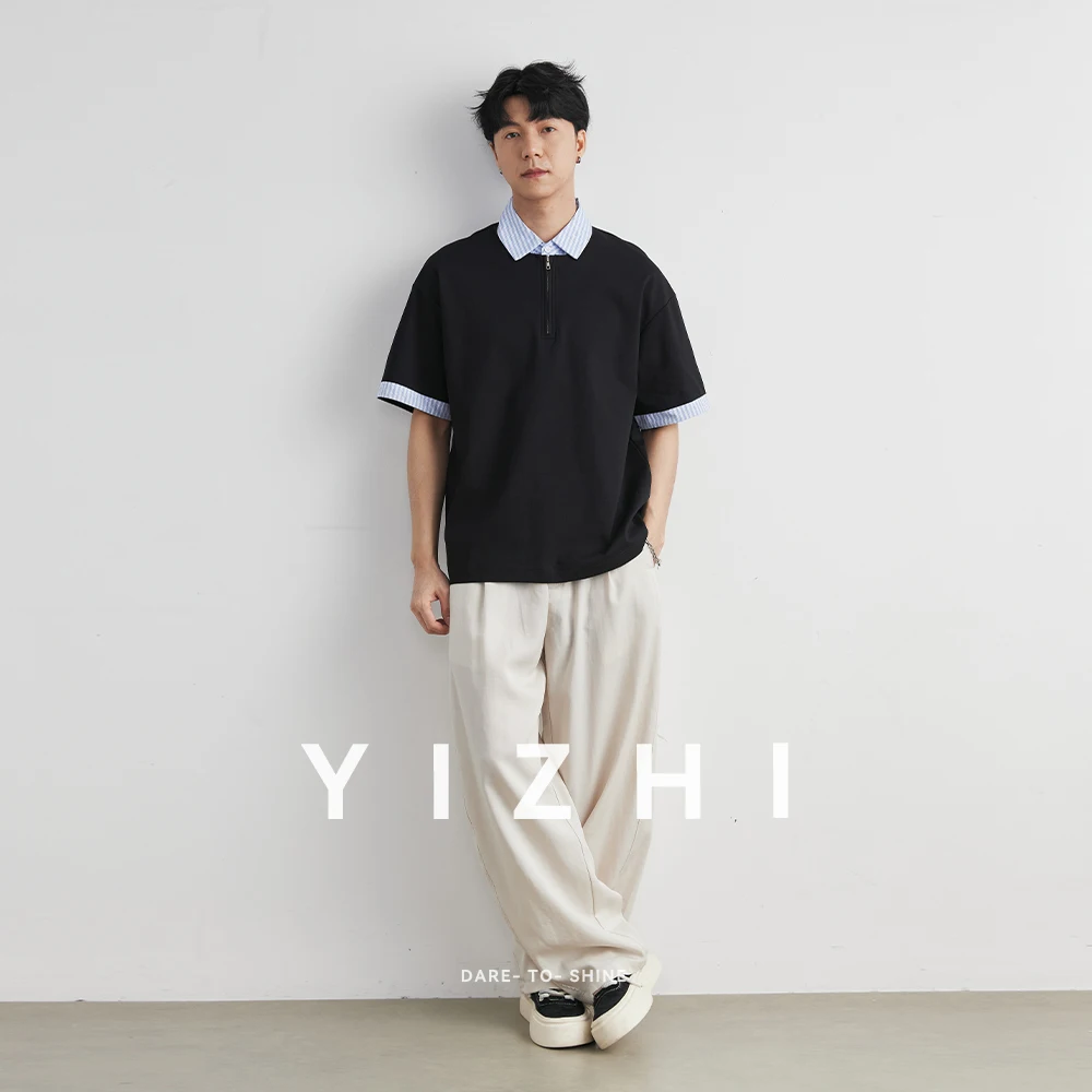 Trendy Half-zip Striped Splicing Polo Shirt Men 2026 Summer Lapel Loose Shoulder Casual Short-sleeved T-shirt
