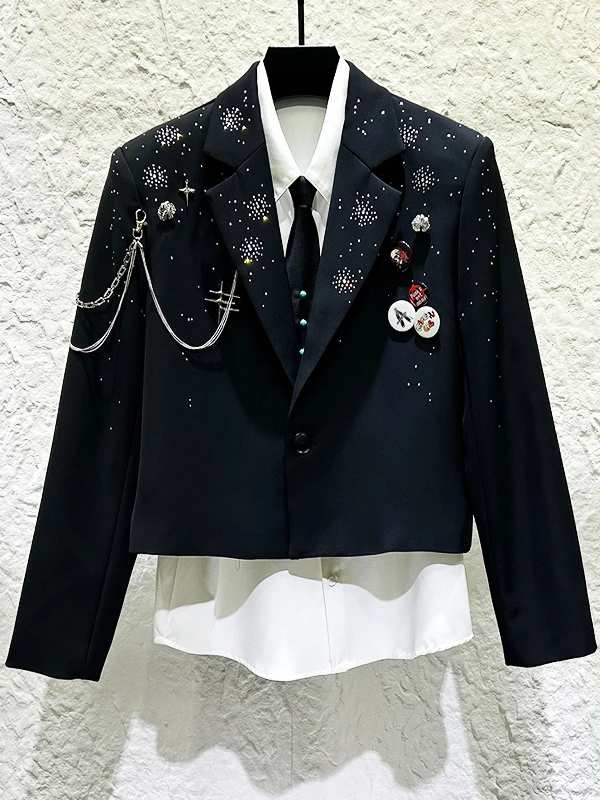 

Heavyweight Design Chain Badge Decorated Short Men's Fashionable Trendy Rhinestone Star West Coat Casual Single Breasted Suit...