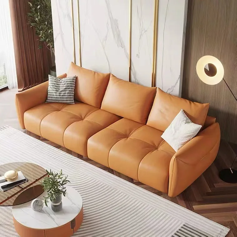 Włoski minimalistyczny skórzana Sofa salon połączenie nowoczesny minimalistyczny lekki luksusowy kremowy styl prosty rząd trzech osób