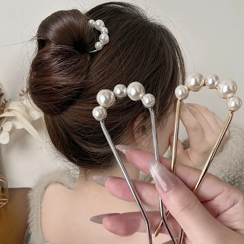 Korean U Shaped Pearl Hairpins Hair Clips for Women Elegant Style Metal Forks Vintage Pearl Hairpins Hair Styling Tools Gifts