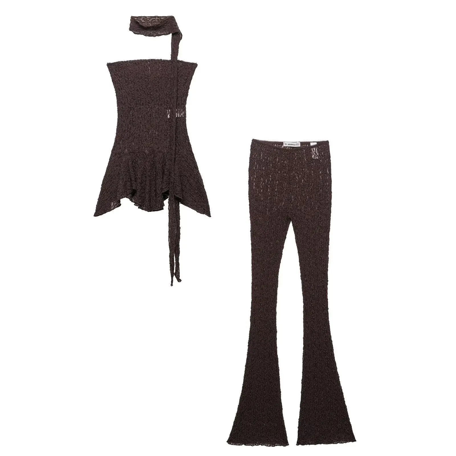 Pantalones acampanados de encaje hueco sexy para mujer, conjunto de top envolvente en el pecho, top sin mangas con hombros descubiertos, estilo de vacaciones para fiesta