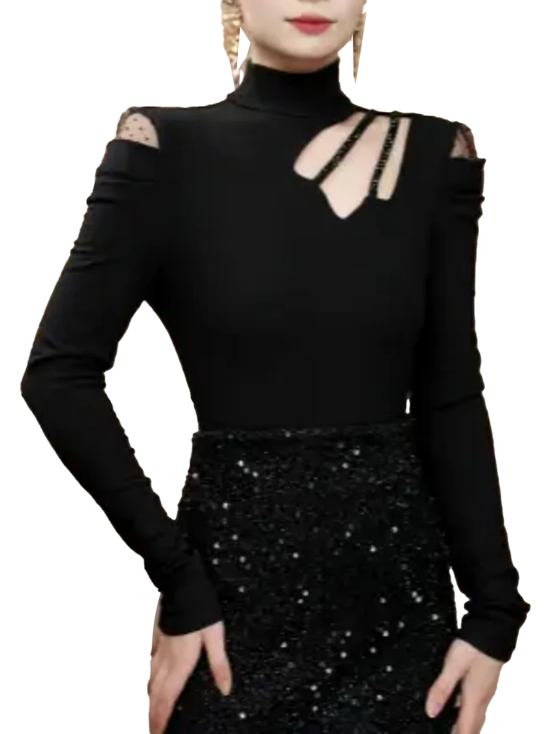 エレブラ ロングスリーブ ホローアウト スリムフィット Tシャツ レディース ハイカラー おしゃれ ベースシャツ トレンド 通勤に最適