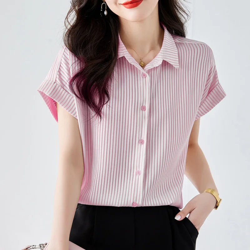 Office Lady Striped Casual Tops Turn-down Collar Ladies Simplicity Shirts Short Sleeve Blouses Summer Loose Women\'s Clothing