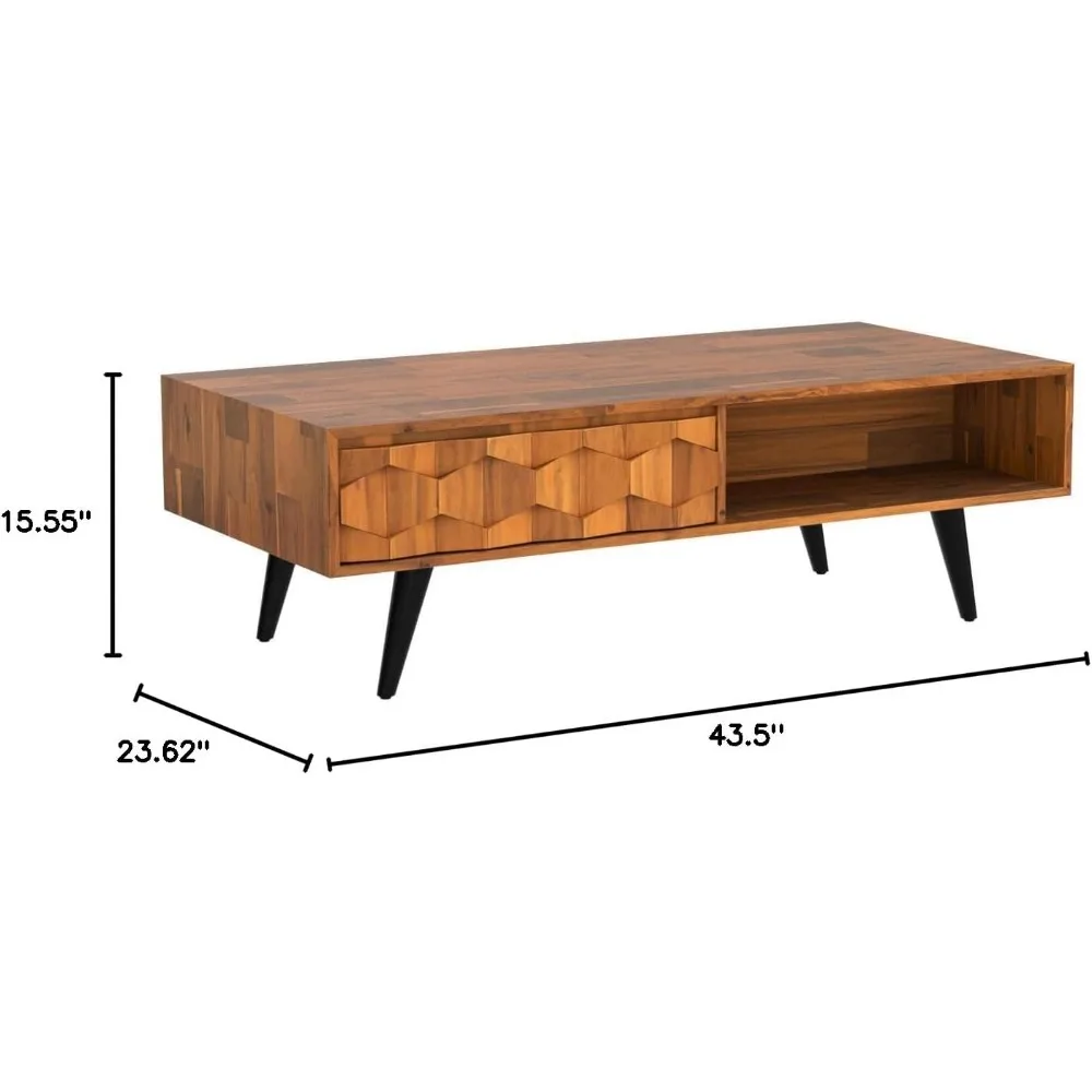 Stoliki kawowe z litego drewna do salonu, stolik kawowy Mid Century Modern z 2 symetrycznymi szufladami do przechowywania i geometrycznymi detalami