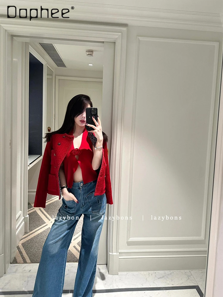 High End Temperament Celebrity Heavy Industry Short Woven Tweed Jacket Three-dimensional Flower Neck Vest Two-piece Set Women