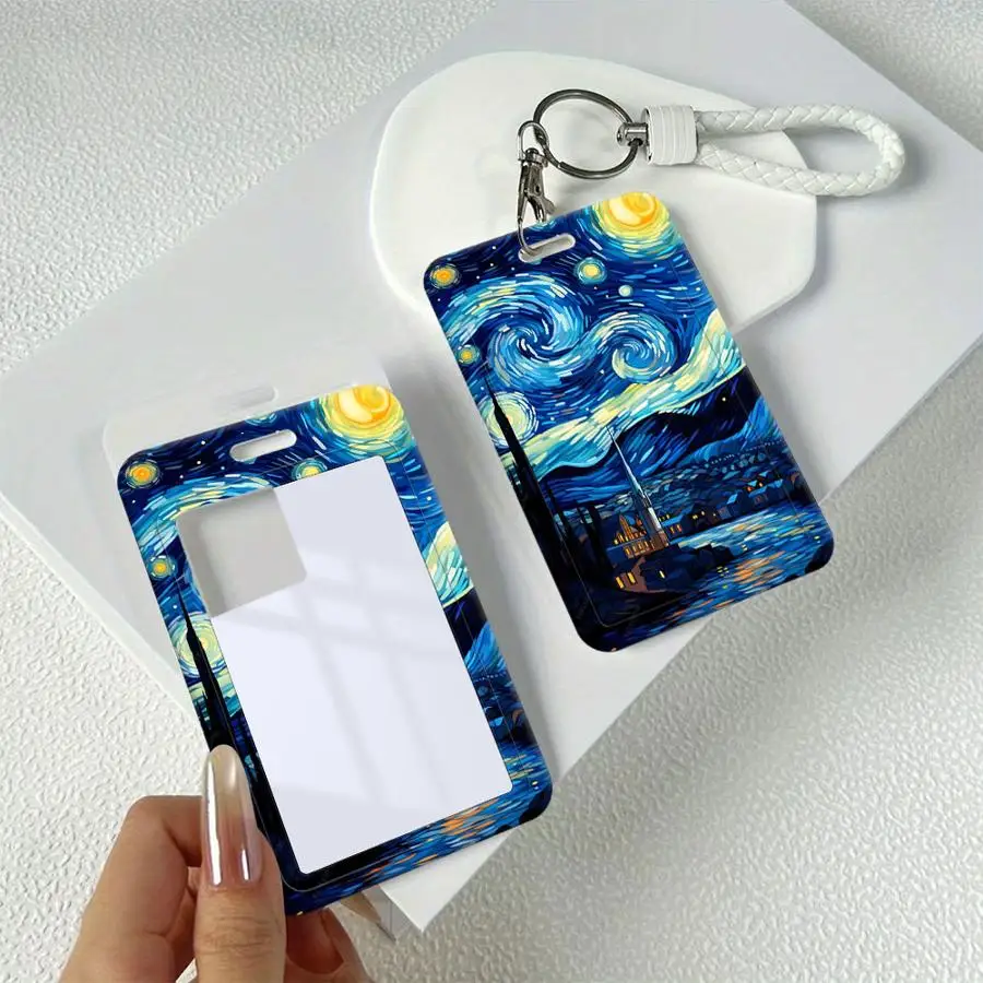 

Чехол-держатель для карт (1 шт.), выдвижной, для кредитных карт, для детских проездных, с ремешком, для банковских ID-карт, Ван Гог