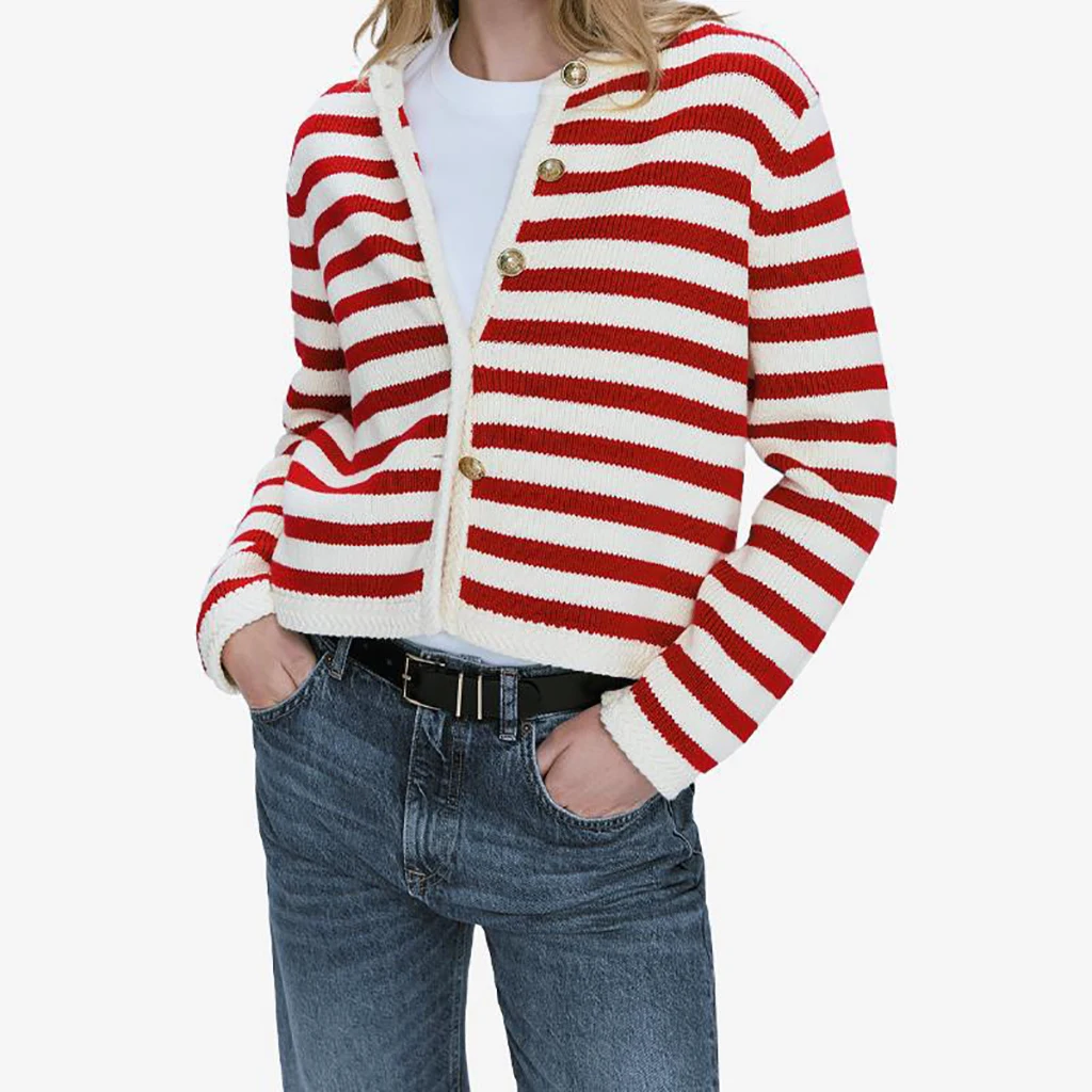 Garaouy 2023 Autumn Women Fashion Button Striped Knit Cardigan Female High Quality Casual Long Sleeve Sweater Jacket Tops Mujer