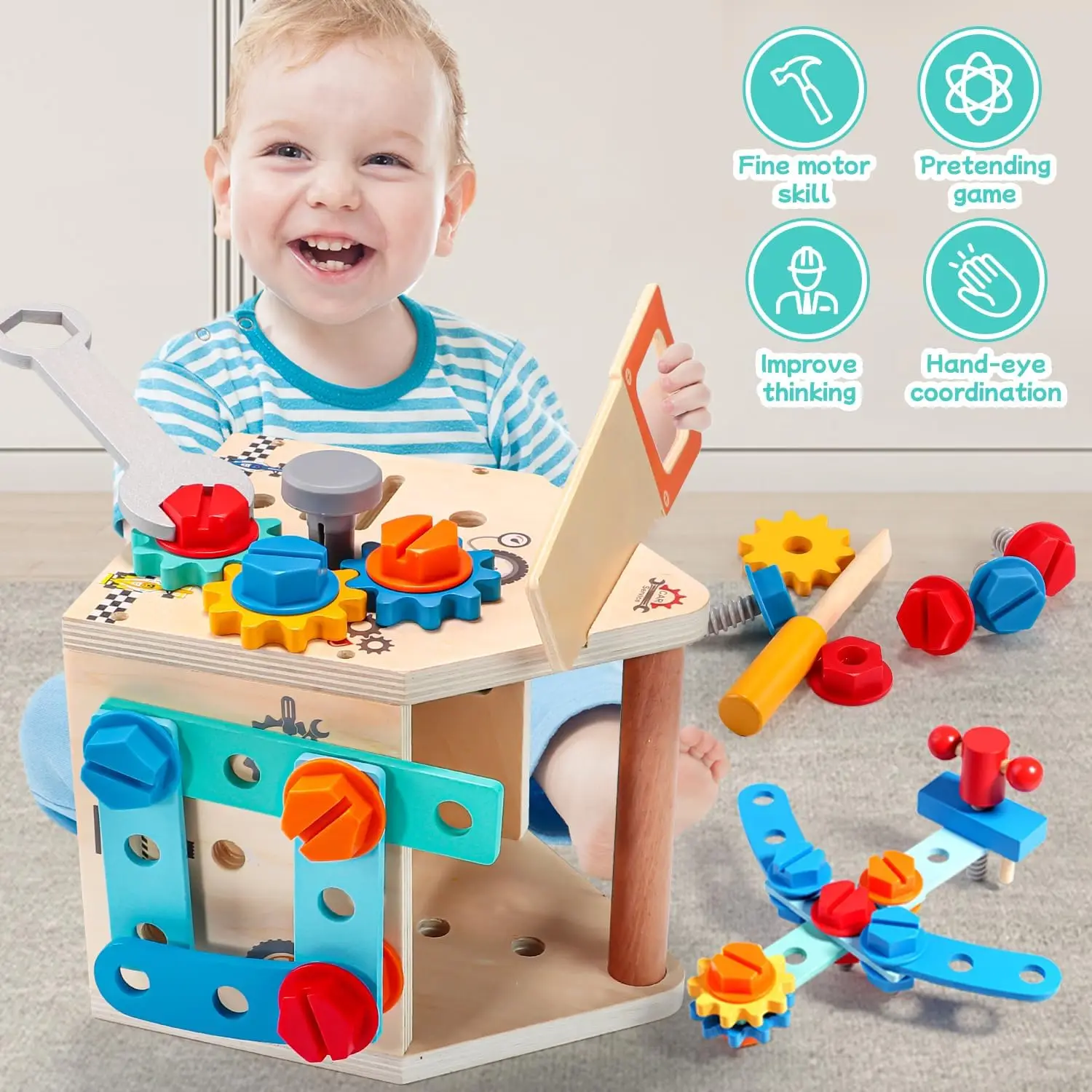 Wooden Toolbox Set - Montessori Screw Puzzle with Simulation Maintenance & Repair Tools, Kids Pretend Play Gift