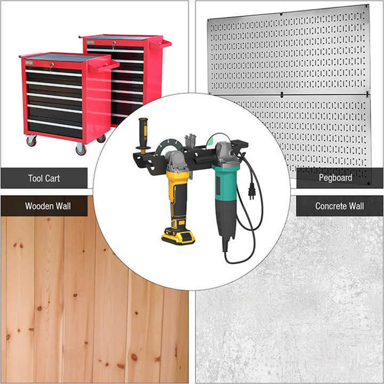 Angle Grinder Holder 2 Bay Storage Rack with Cord Hanger Wall Mount Bracket for Angle Grinders Garage Workspace Wrenches Cutters