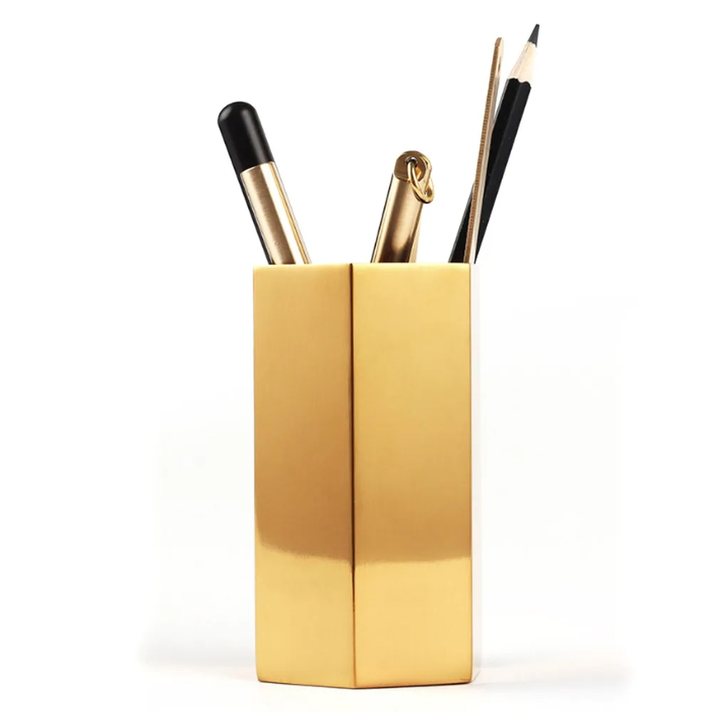 Glossy Pen Holder Box Stainless Steel Gold Electroplating Pencil Holder Wide Application Corrosion Resistant Flower Vase Home