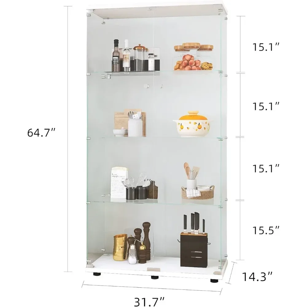 XMSJ Glass Display Cabinet with Two Doors, 64.7 Inches, 4 Tiers with Door Shelves, Storage Cabinet, Glass Bookshelf Cabinets