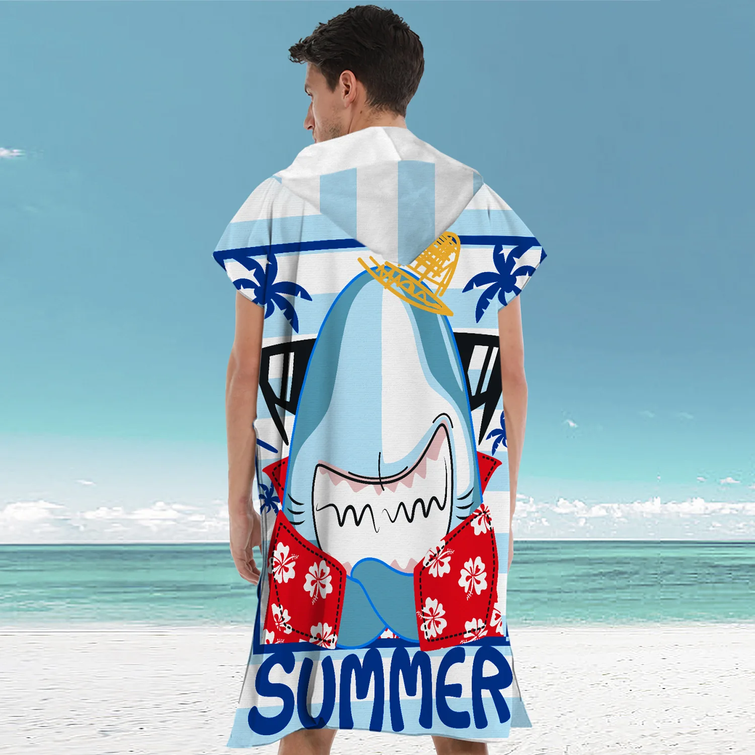 Summer Hooded Beach Towel Bath Robe for Kids Adults Microfiber Quick Dry Beach Poncho with Sea Turtle Shark Print Pool Cover Up