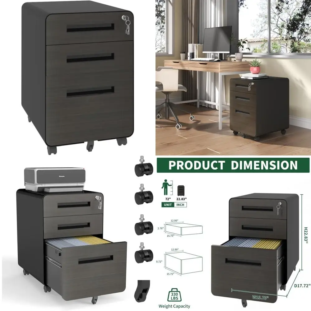 خزانة ملفات متنقلة ذات 3 أدراج من الفولاذ بالكامل مع قفل، وحدة تخزين معدنية شديدة التحمل للمنزل والمكتب، مجمعة بالكامل، تحمل ملفات A4