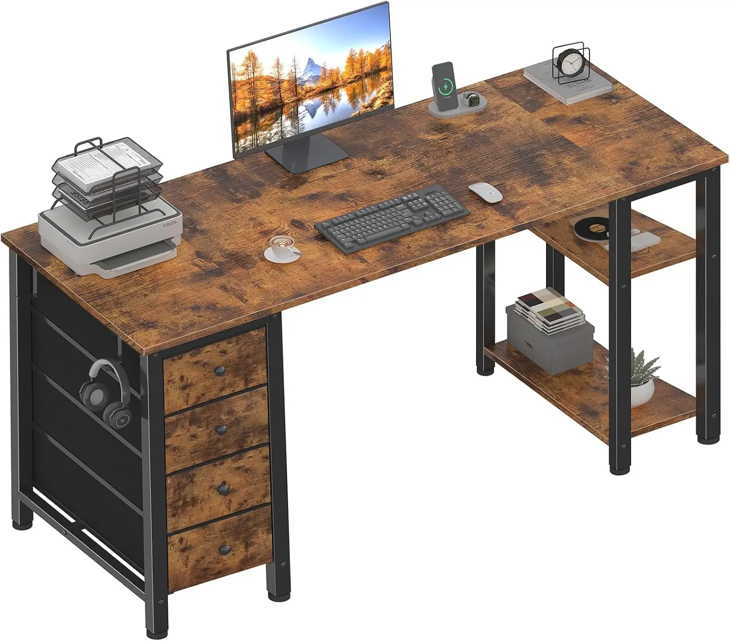 

63 Inch Office Desk with 4 Fabric Drawers Storage Shelves Modern Simple Computer Desk for Home Office Rustic Brown