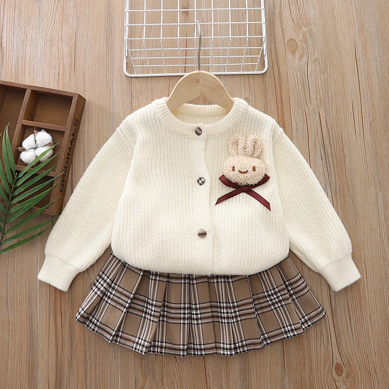 2024 Autumn Winter Babys Girl Two-piece Clothes Set 3D Rabbit Knitted Sweater Cardigan Outfits Fleece Plaid Skirt Kid Girl Suits