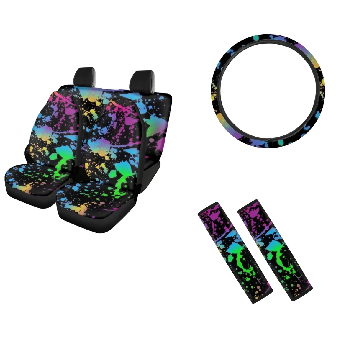 

INSTANTARTS Car Rear Seat Cushion Cover Colorful Graffiti Prints Car Steering Wheel Cover Auto Seat Belt Shoulder Protection