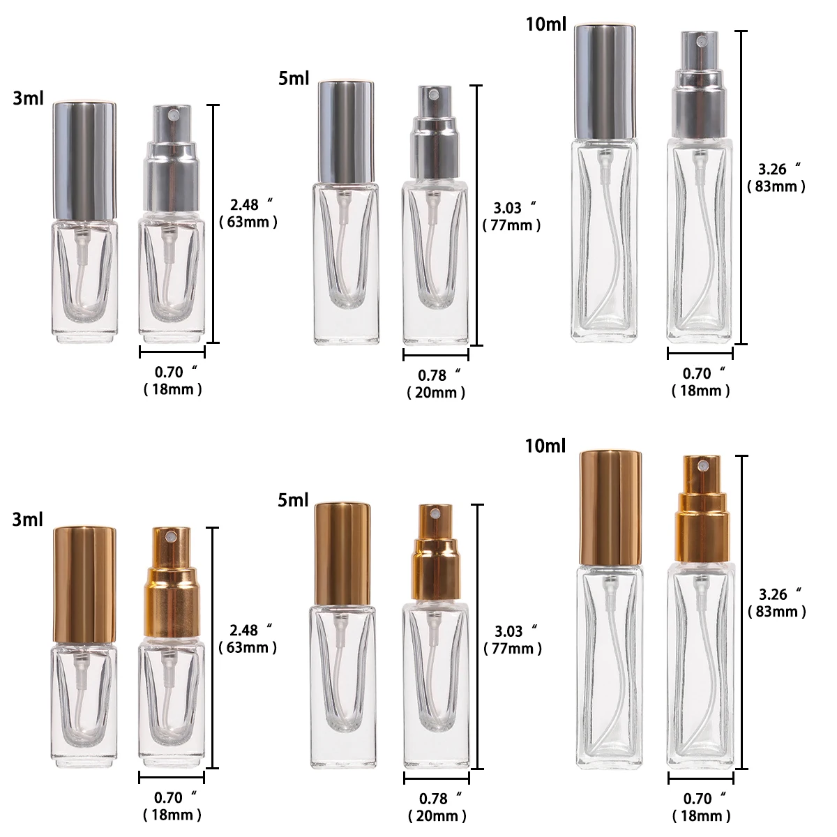 6/12/24pcs 3ml/5ml/10ml Transparent Small Portable Square Refillable Perfume Bottles with Pump Sprayer for Essential Oil