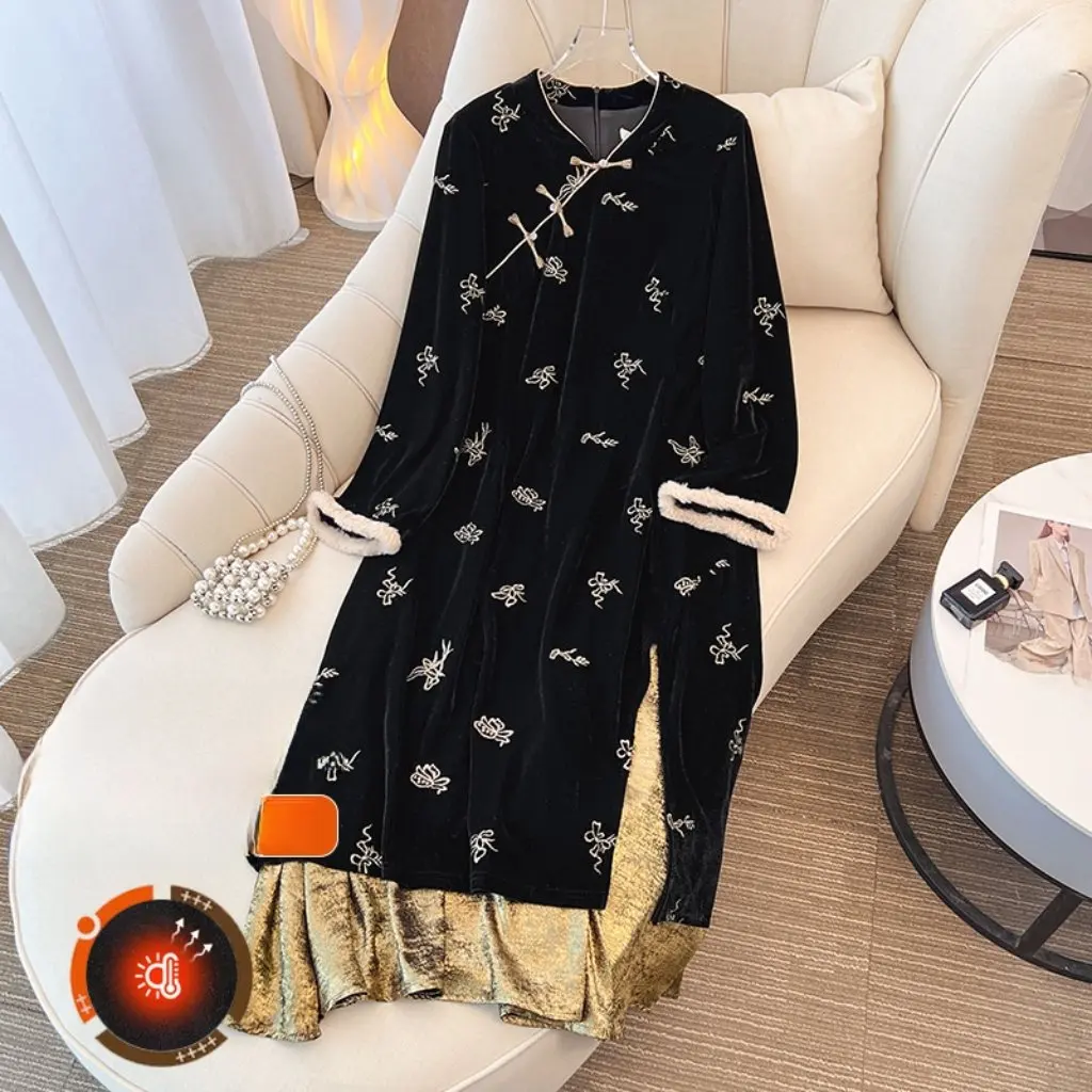 

Черное бархатное платье больших размеров, женское платье в китайском стиле в стиле ретро, осень-зима, Cheongsam, дизайн с талией, улучшенная посадка, новое поступление