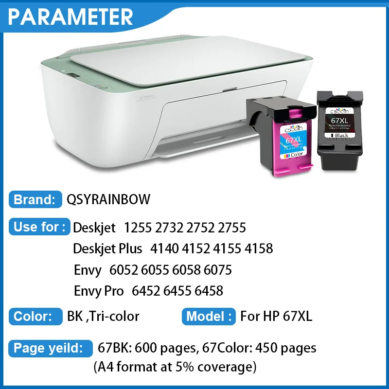 Cartuccia d'inchiostro QSYRAINBOW 67XL compatibile per stampante HP Deskjet 6052 6055 2774 4120 4122 4125 4135 4136 6052 6055