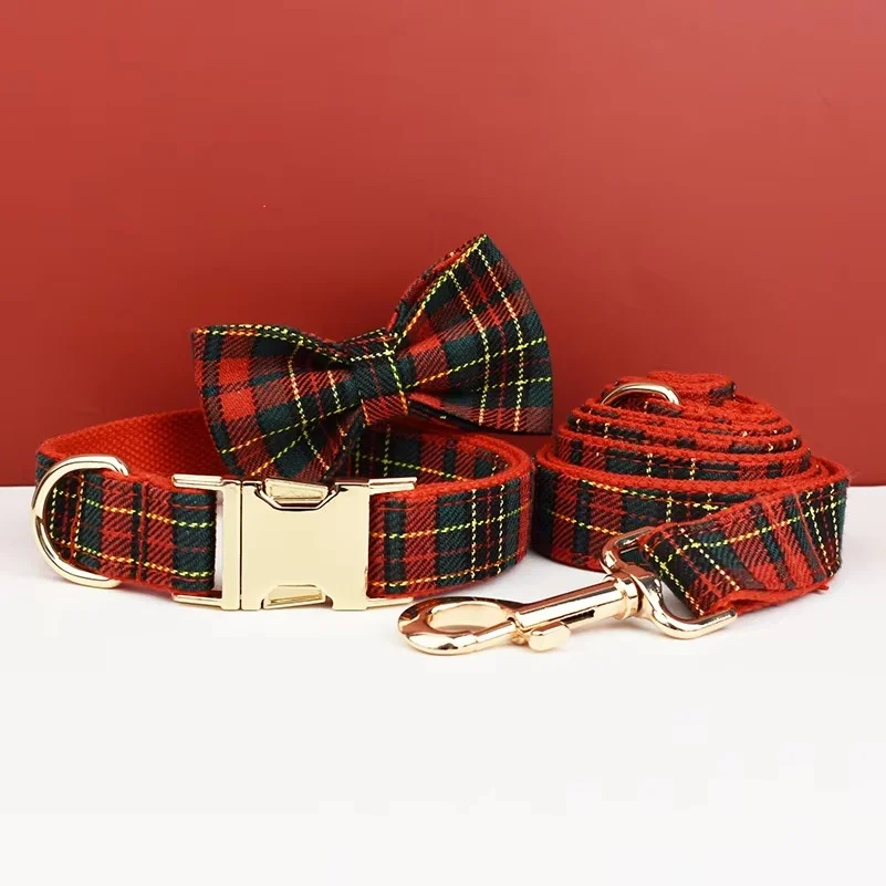 Christmas Dog Collar Red Lattice Soft Cotton with Matching Leash Luxury Pet Harness Set for Dogs