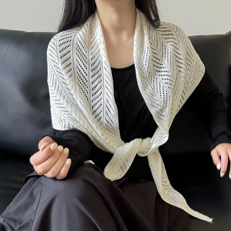 

Ice silk hollow knitted shawl triangle scarf for women summer thin homemade shawl blouse sun protection air-conditioning shirt