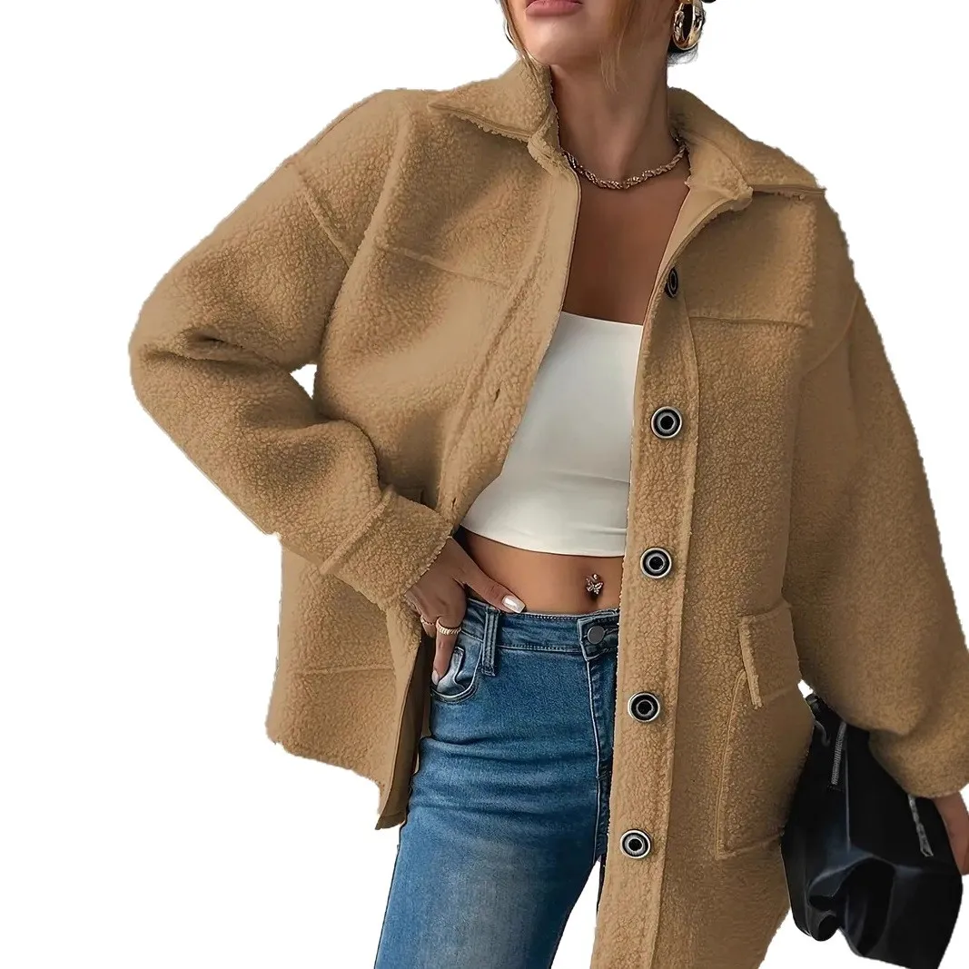 

Warm Fleece Long Sleeve Collar Button Commuter Outerwear Autumn Winter New Style Polyester Blend Woolen Coat