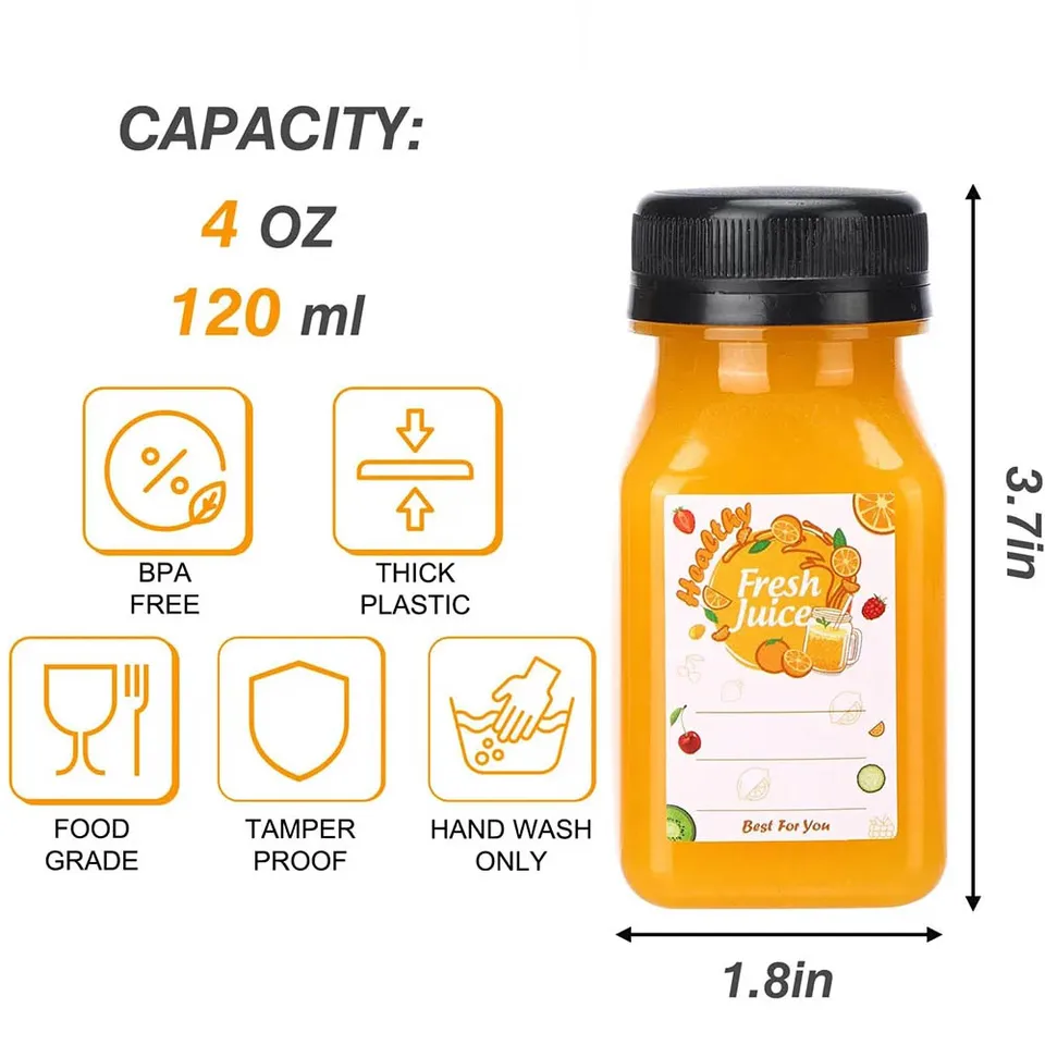 SHZMJL 4 botellas de jugo de plástico de 16 onzas con tapas, botellas de plástico desechables transparentes vacías a granel, botellas de jugo de plástico PET