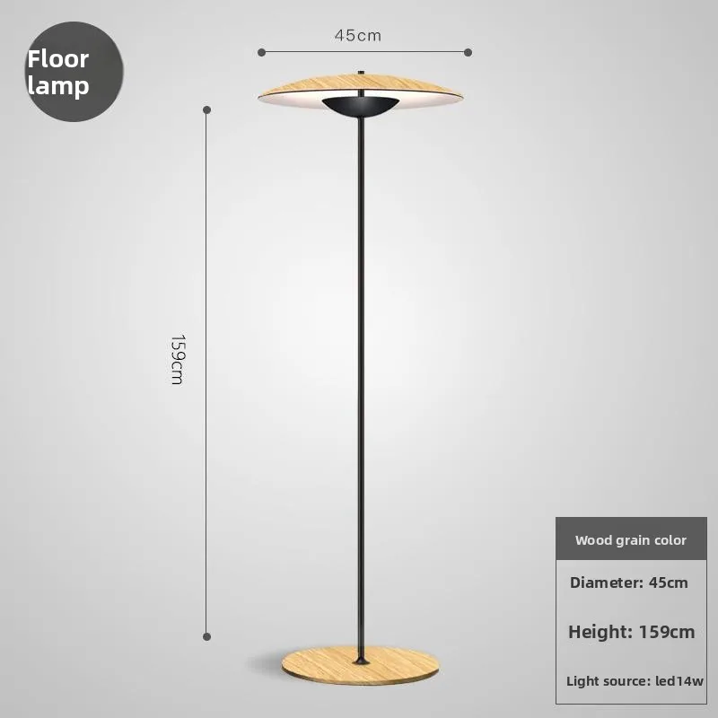 Postmoderne minimalistische studeerlamp, kunst, creatief design, modelkamer, houtnerfkleur, paddenstoelvormige lampkop, verticale lamp