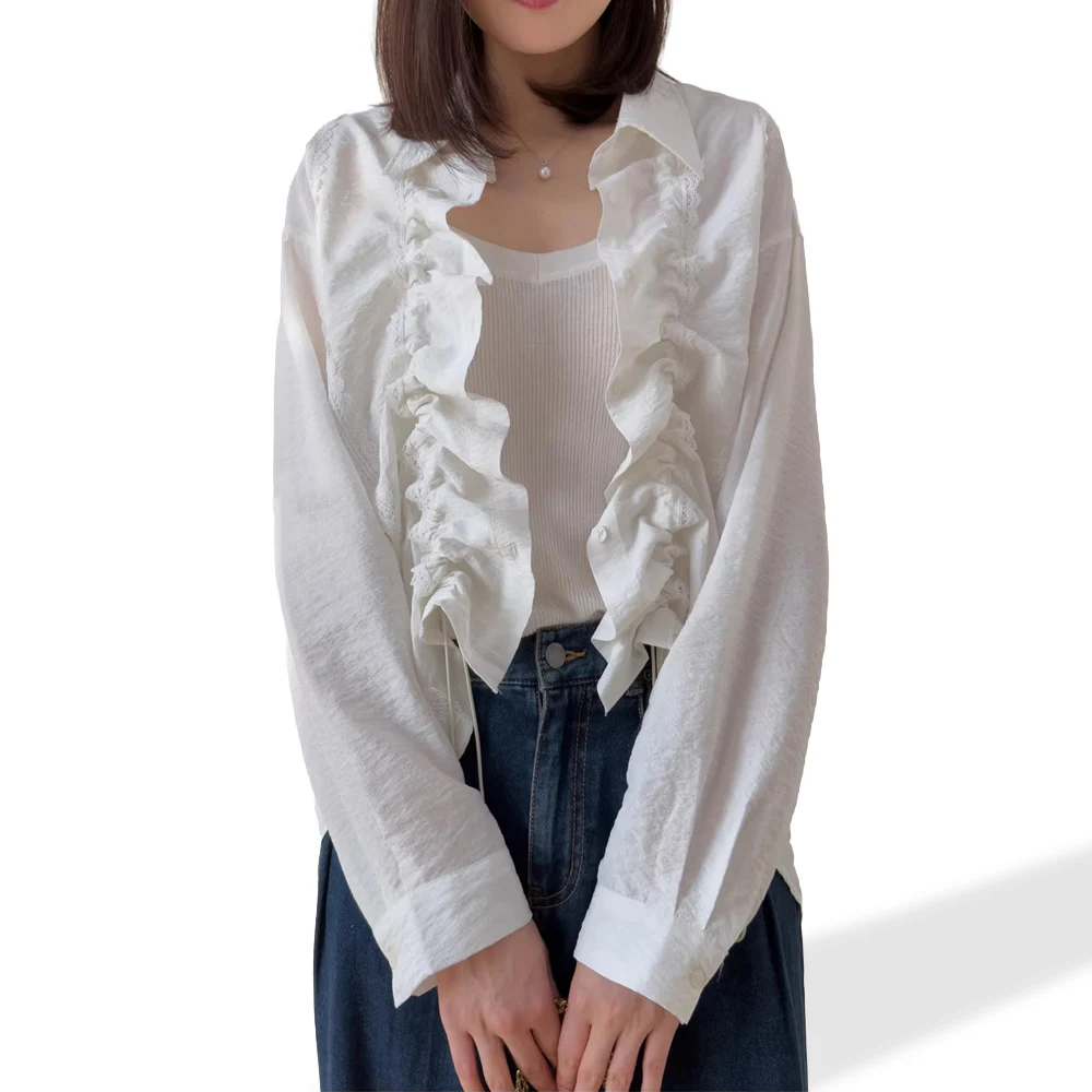 2026 Women's Spring Clothing 76% Natural Mulberry Silk Dry Silk Design French Drawstring White Square Neck Long Sleeve Shirt