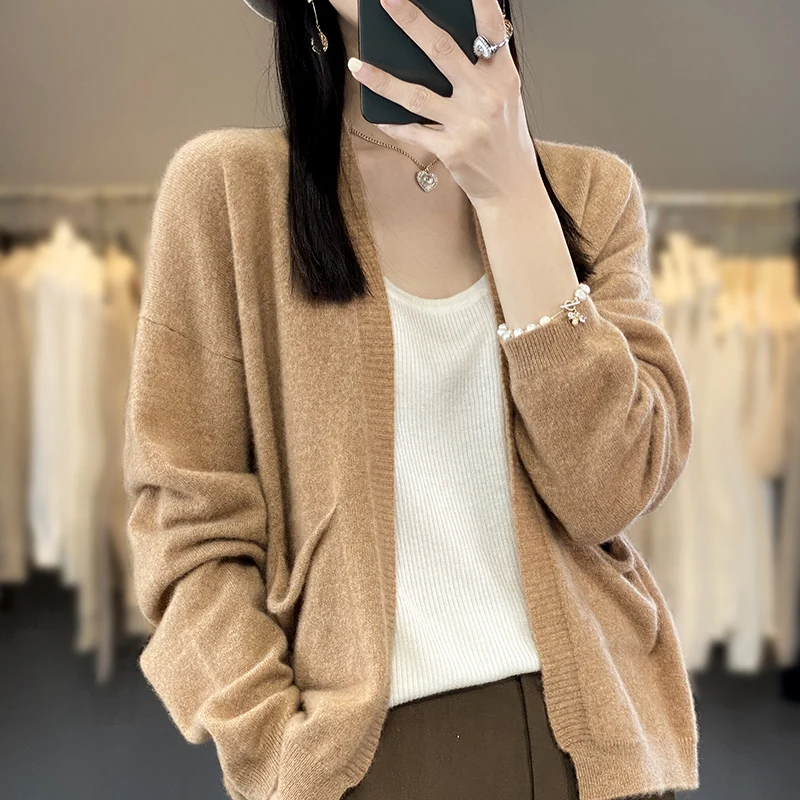 

Women's Loose Woolen Open Cardigan Long Sve V-Ne Knitted Sweater Spring Autumn New Sle Versatile ort Coat Slimming O...