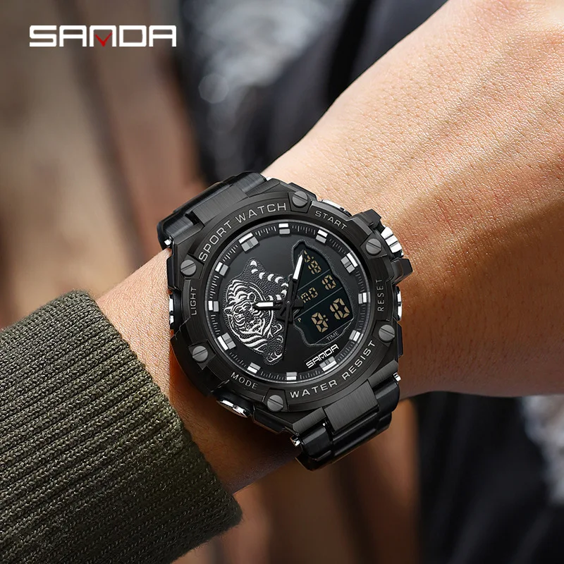 SANDA 3185 Men's Electronic Watches Alarm Mode Waterproof Shock Resistant Outdoor Sports Chronograph Stainless Steel Strap Watch