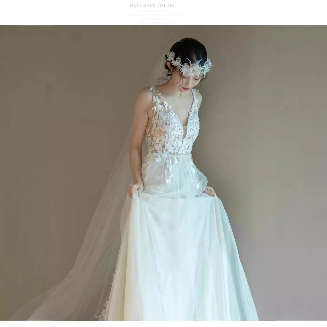 Mori super fairy light wedding dress autumn new French retro lace trailing simple atmosphere welcome sling out dress