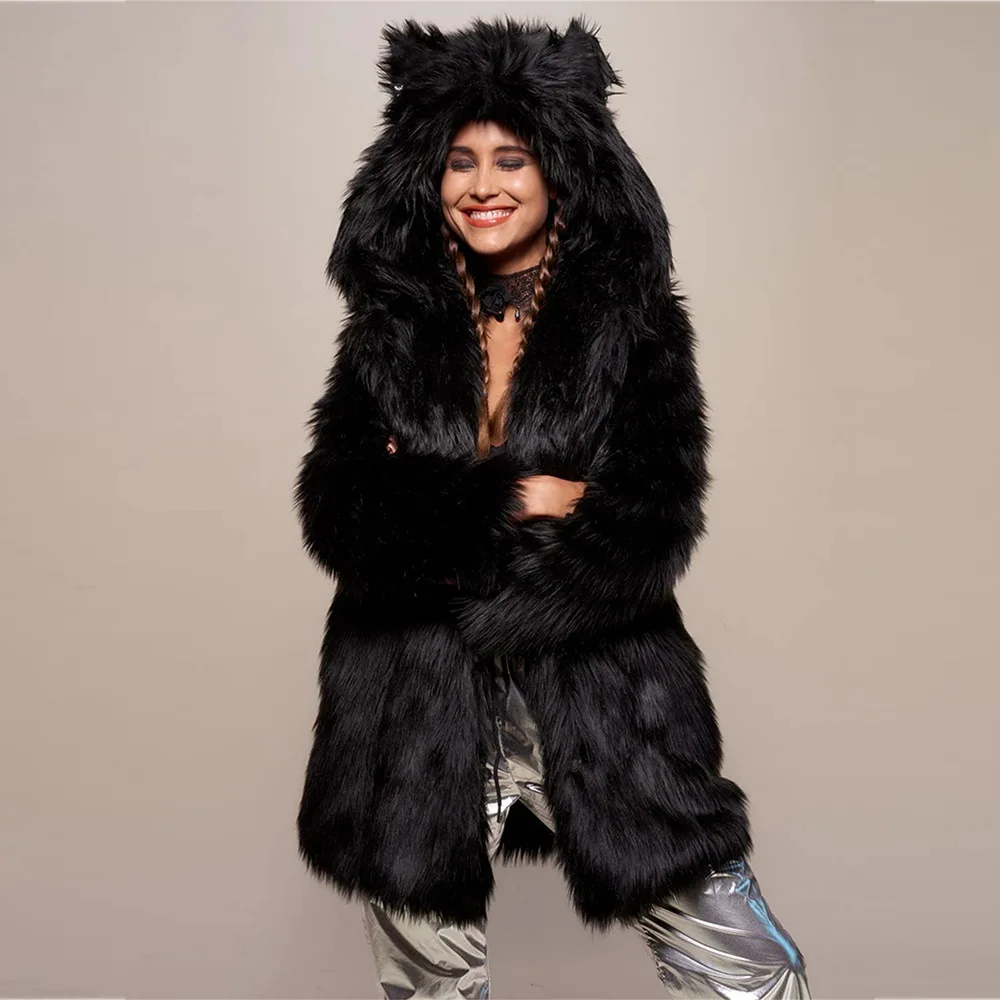

For Female Designed Fluffy Artificial Fur Coat Stylish Winter Women Faux Fur Jacket Solid Fox Hooded Full Sleeve Eco Fur Jacket
