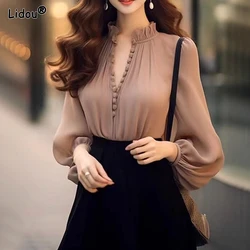 2023 Spring and Autumn High End Luxury Celebrity Design with Ruffle Edge Deep V-neck Panel Button Loose Oversized Women's Shirt