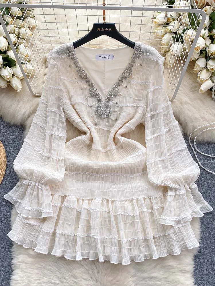 French style Rhinestone V-neck dress Women\'s 2024 Summer Party Long sleeve Patchwork Mini dresses Elegant Lady Beige INKEO 4D017