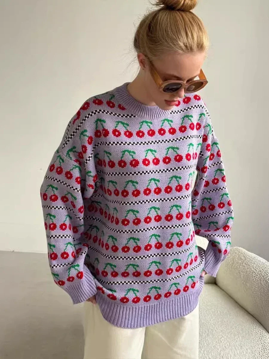 Wolfeel damski sweter z okrągłym dekoltem i nadrukiem wiśni nowy średniej długości modny top Retro sweter z dzianiny luźny sweter jesienno-zimowa